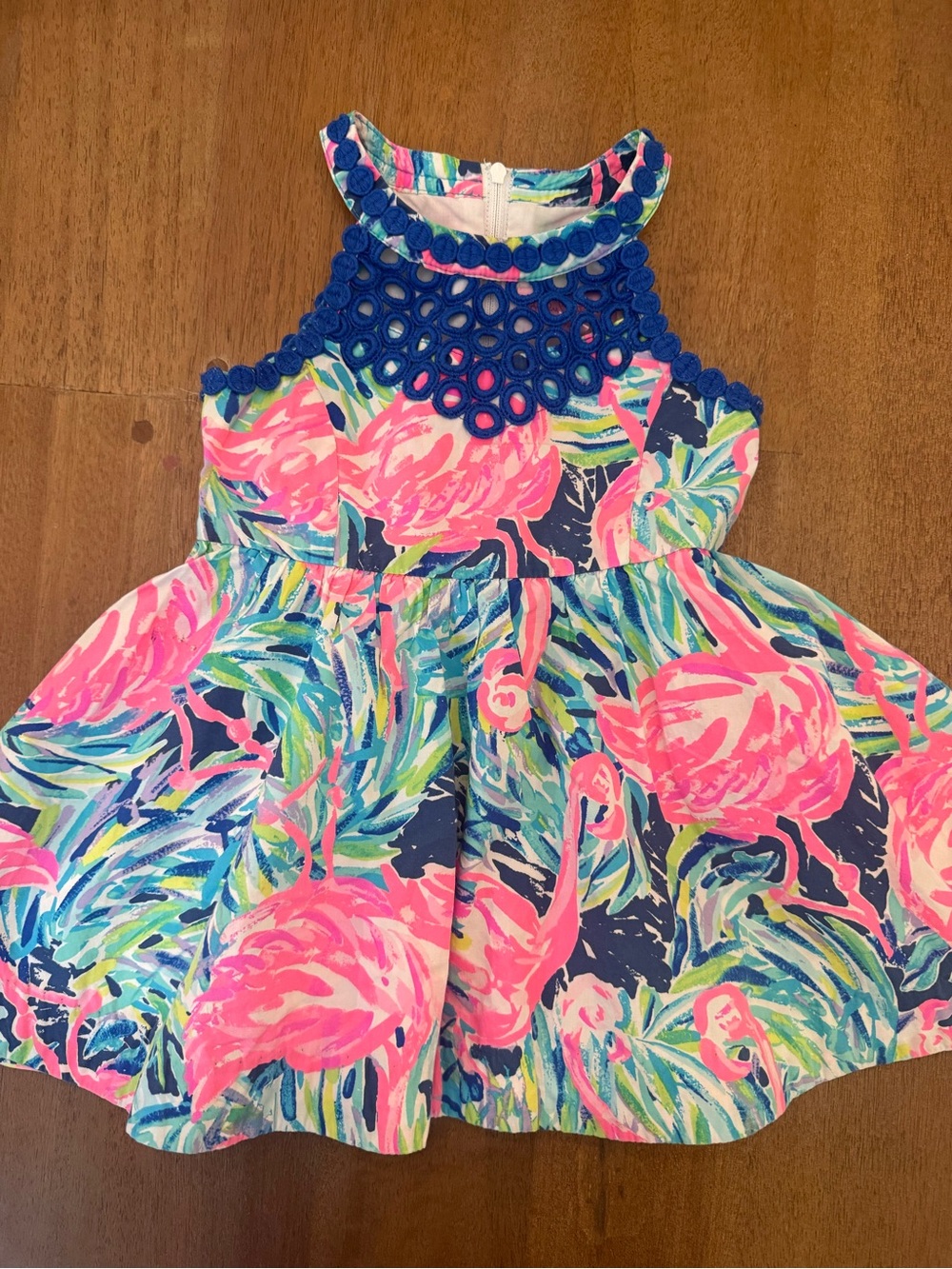 Lilly Pulitzer Girls Neon Pink Flamingo Print Dress with Navy Crochet Yoke